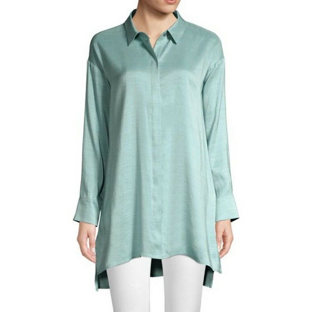 Eileen Fisher Blue Ivy Long Classic Collar Silk Shirt